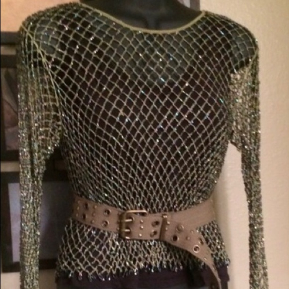 Holiday, Festive and Party.  Hand Beaded Top, iridescent colors.